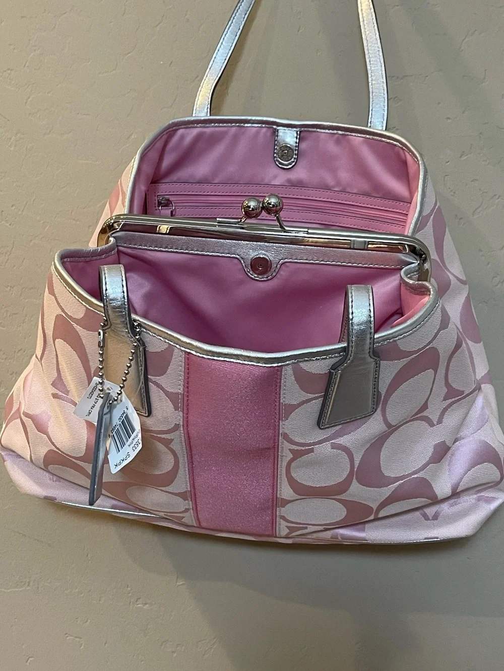 Pink Patterned Tote with Silver Trim and Top Frame Closure